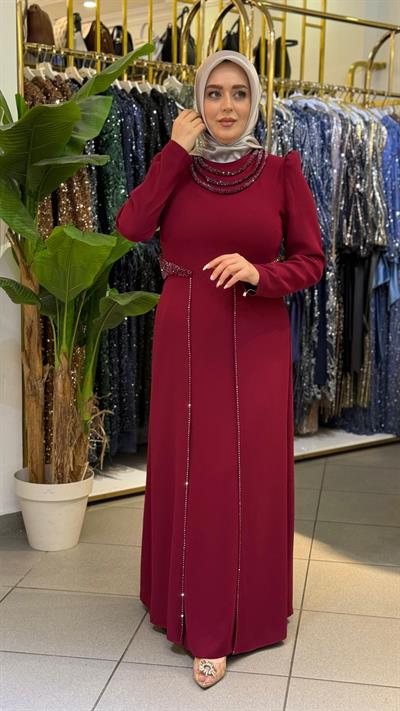 3451 فستان مطرز بالحجر ذو ياقة كود وخصر مطرز بالحجر