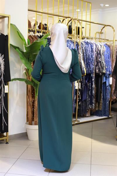 3451 فستان مطرز بالحجر ذو ياقة كود وخصر مطرز بالحجر