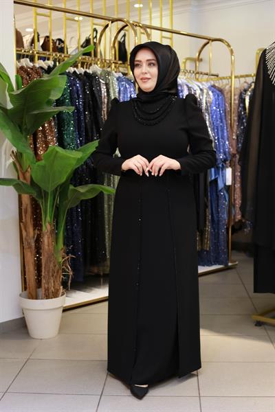 3451 فستان مطرز بالحجر ذو ياقة كود وخصر مطرز بالحجر