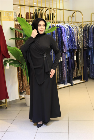 3554 KOD ŞİFON PELERİNLİ ELBİSE SİYAH