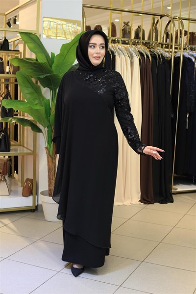 3645 KOD ÇİÇEK İŞLEMELİ ŞİFON ELBİSE