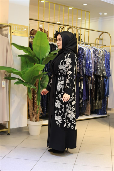 3810 KOD EVAZE GÜPÜRLÜ ABAYA TAKIM SİYAH