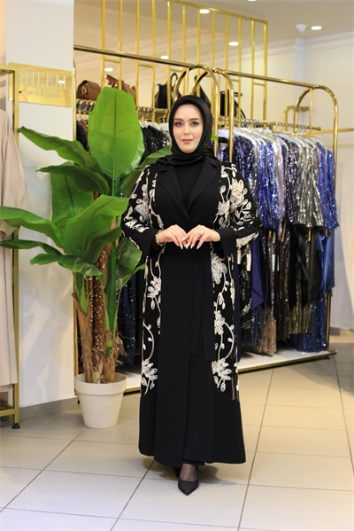3810 KOD EVAZE GÜPÜRLÜ ABAYA TAKIM SİYAH