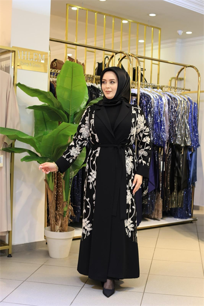 3810 KOD EVAZE GÜPÜRLÜ ABAYA TAKIM SİYAH
