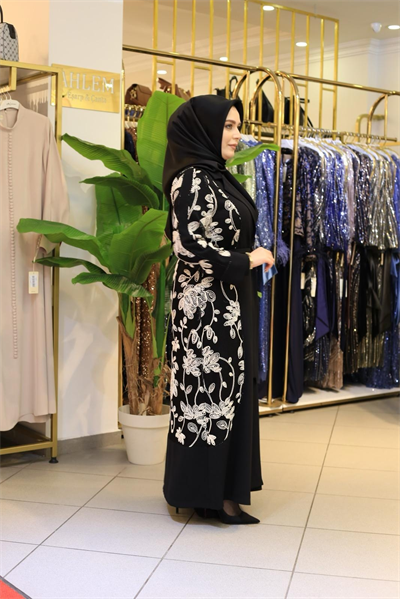 3810 KOD EVAZE GÜPÜRLÜ ABAYA TAKIM SİYAH