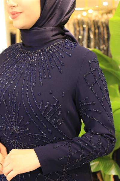 5004 KOD KREP TAŞLI ELBİSE LACİVERT