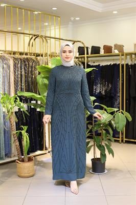 5004 KOD KREP TAŞLI ELBİSE ZÜMRÜT