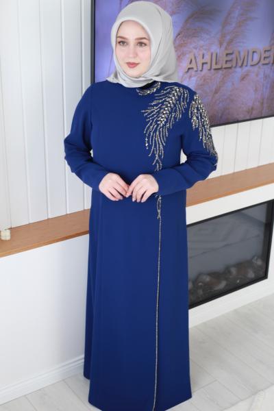 5065 KOD KRİSTAL TAŞ İŞLEMELİ ELBİSE İNDİGO
