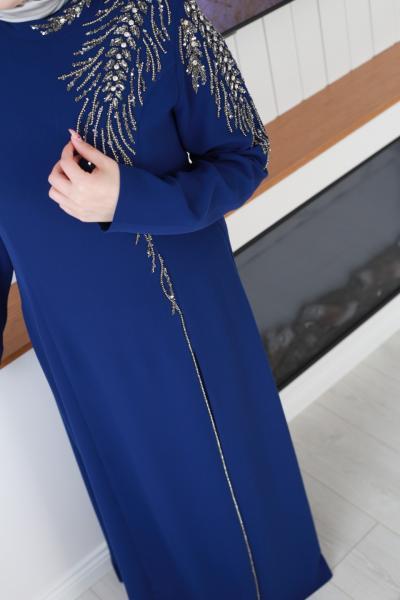 5065 KOD KRİSTAL TAŞ İŞLEMELİ ELBİSE İNDİGO