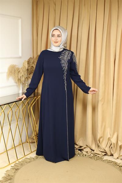 5065 KOD KRİSTAL TAŞ İŞLEMELİ ELBİSE LACİVERT