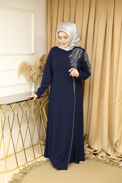 5065 KOD KRİSTAL TAŞ İŞLEMELİ ELBİSE LACİVERT