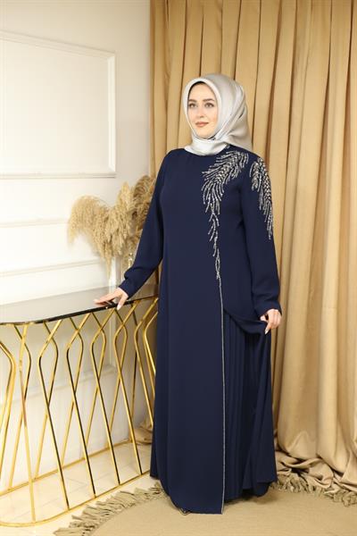 5065 KOD KRİSTAL TAŞ İŞLEMELİ ELBİSE LACİVERT