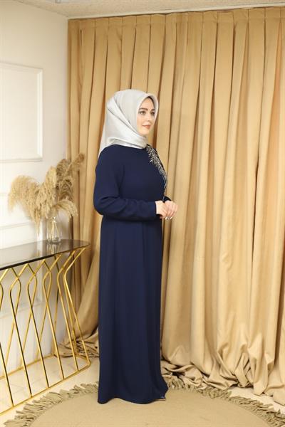 5065 KOD KRİSTAL TAŞ İŞLEMELİ ELBİSE LACİVERT