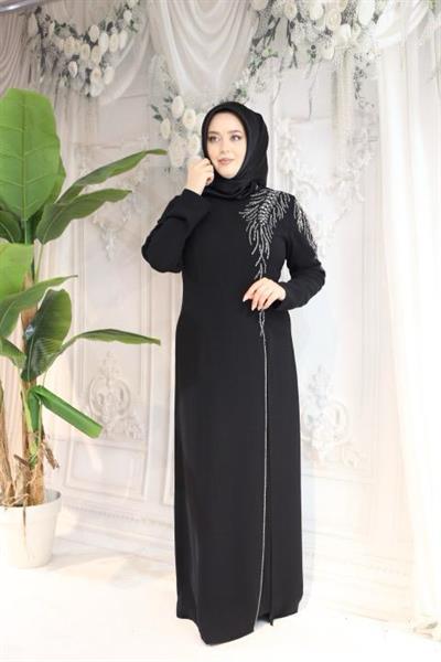 5065 KOD KRİSTAL TAŞ İŞLEMELİ ELBİSE SİYAH