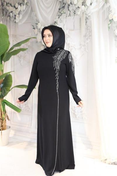 5065 KOD KRİSTAL TAŞ İŞLEMELİ ELBİSE SİYAH