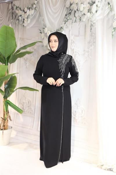 5065 KOD KRİSTAL TAŞ İŞLEMELİ ELBİSE SİYAH