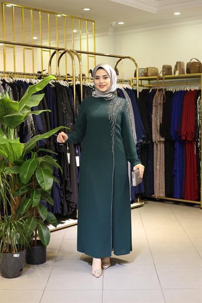 5065 KOD KRİSTAL TAŞ İŞLEMELİ ELBİSE ZÜMRÜT