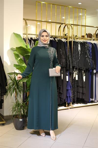 5065 KOD KRİSTAL TAŞ İŞLEMELİ ELBİSE ZÜMRÜT