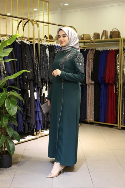 5065 KOD KRİSTAL TAŞ İŞLEMELİ ELBİSE ZÜMRÜT