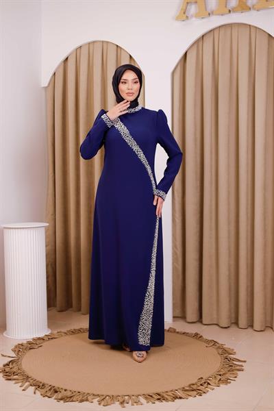 5113 KOD İNCİ DETAYLI ELBİSE İNDİGO