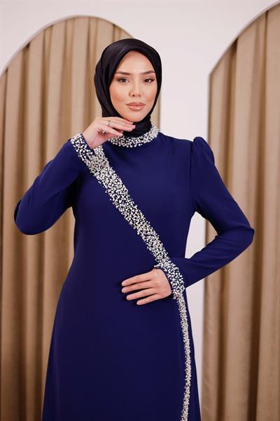 5113 KOD İNCİ DETAYLI ELBİSE İNDİGO