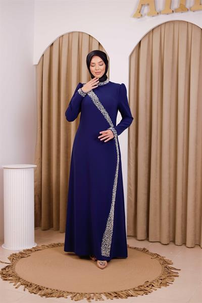 5113 KOD İNCİ DETAYLI ELBİSE İNDİGO