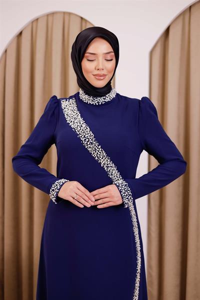 5113 KOD İNCİ DETAYLI ELBİSE İNDİGO