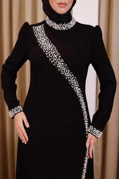 5113 KOD İNCİ DETAYLI ELBİSE SİYAH