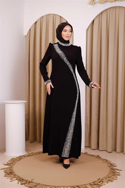 5113 KOD İNCİ DETAYLI ELBİSE SİYAH