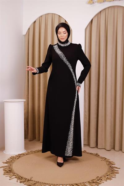 5113 KOD İNCİ DETAYLI ELBİSE SİYAH