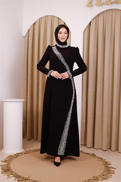 5113 KOD İNCİ DETAYLI ELBİSE SİYAH