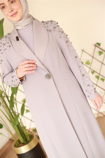 5116 KOD SİYAH İNCİ BASKILI ABAYA TAKIM GRİ