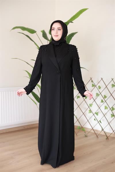 5116 KOD SİYAH İNCİ BASKILI ABAYA TAKIM SİYAH