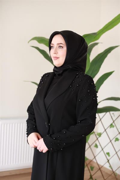 5116 KOD SİYAH İNCİ BASKILI ABAYA TAKIM SİYAH