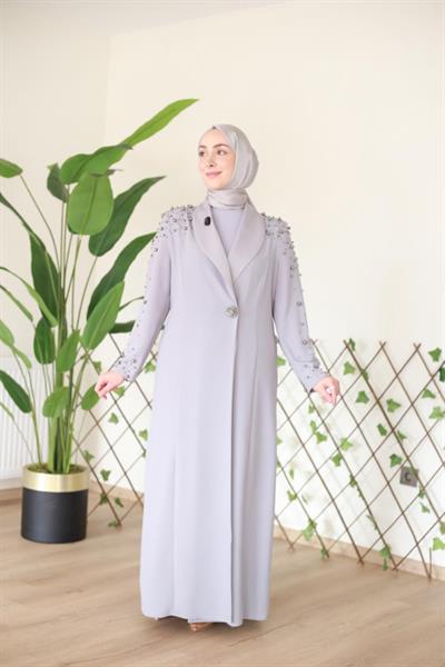 5116 KOD SİYAH İNCİ BASKILI ABAYA TAKIM GRİ