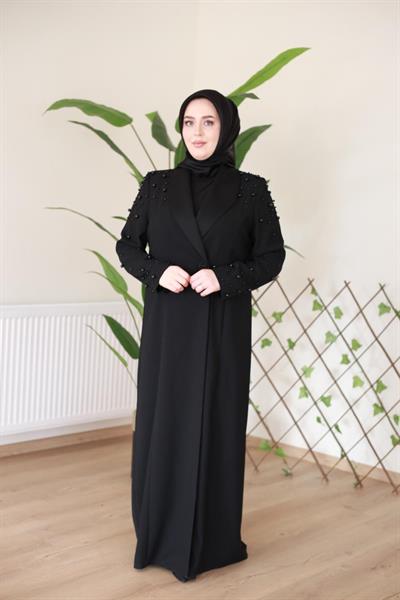 5116 KOD SİYAH İNCİ BASKILI ABAYA TAKIM SİYAH