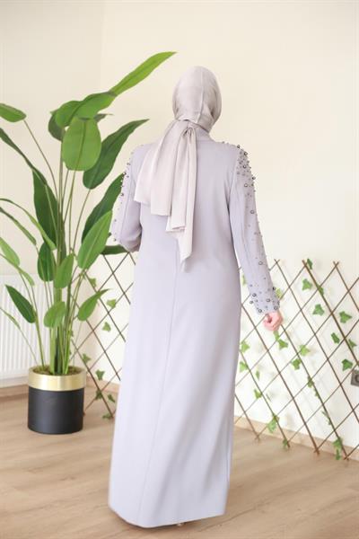 5116 KOD SİYAH İNCİ BASKILI ABAYA TAKIM GRİ