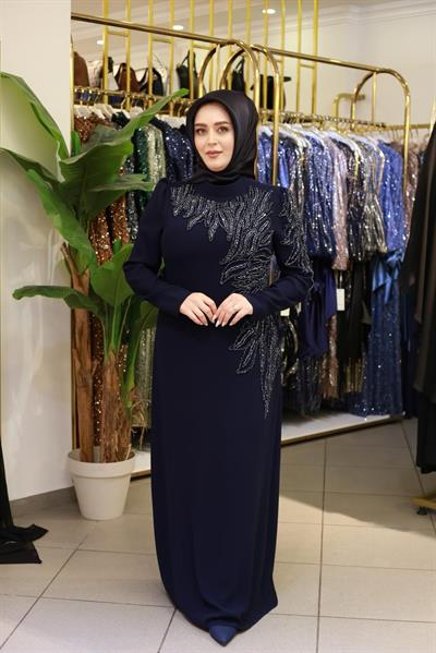 5135 KOD TAŞ İŞLEMELİ ABİYE ELBİSE LACİVERT