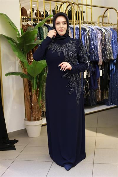 5135 KOD TAŞ İŞLEMELİ ABİYE ELBİSE LACİVERT