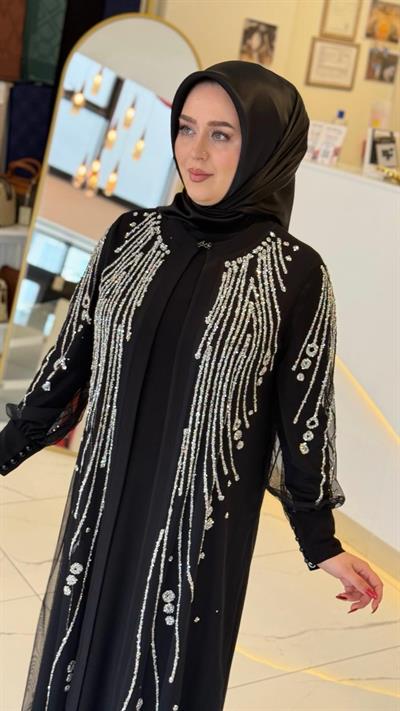 5150 KOD TAŞ BASKILI ABAYA TAKIM SİYAH