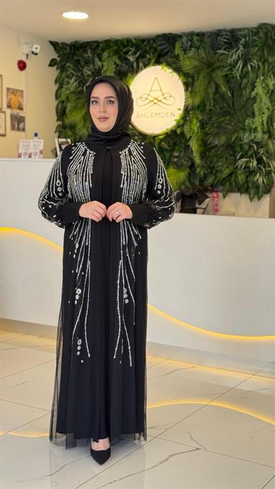 5150 KOD TAŞ BASKILI ABAYA TAKIM SİYAH