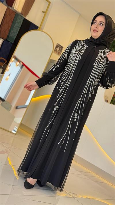 5150 KOD TAŞ BASKILI ABAYA TAKIM SİYAH