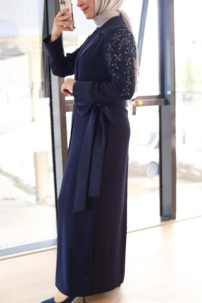 5184 KOD NAKIŞ İŞLEMELİ ABAYA TAKIM LACİVERT