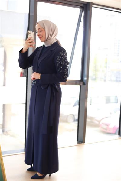 5184 KOD NAKIŞ İŞLEMELİ ABAYA TAKIM LACİVERT