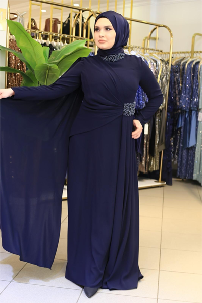 5205 KOD YAKA BEL TAŞLI PİLELİ ELBİSE LACİVERT