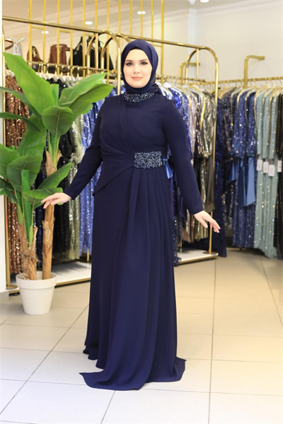 5205 KOD YAKA BEL TAŞLI PİLELİ ELBİSE LACİVERT