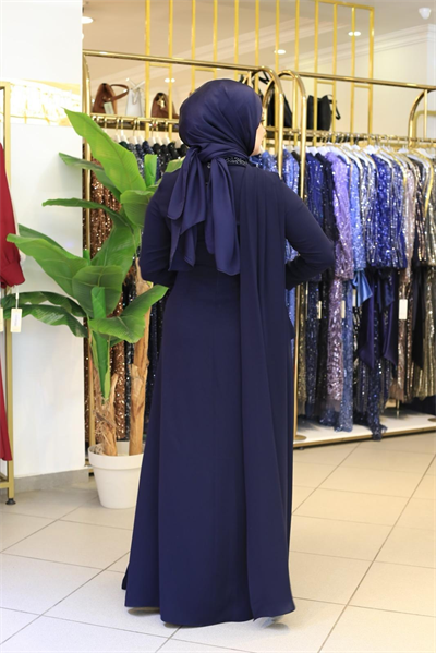 5205 KOD YAKA BEL TAŞLI PİLELİ ELBİSE LACİVERT