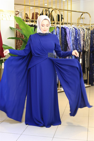 5205 KOD YAKA BEL TAŞLI PİLELİ ELBİSE İNDİGO