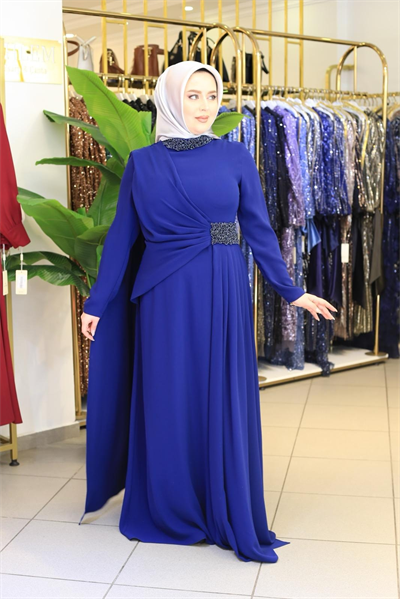 5205 KOD YAKA BEL TAŞLI PİLELİ ELBİSE İNDİGO