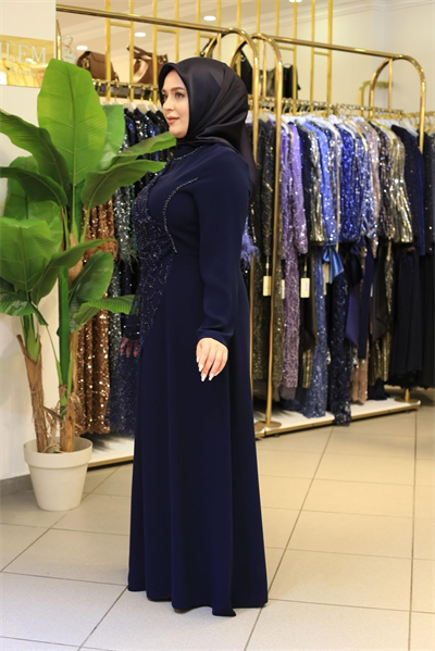 5208 KOD KENDİNDEN PULLU PELERİNLİ ELBİSE LACİVERT